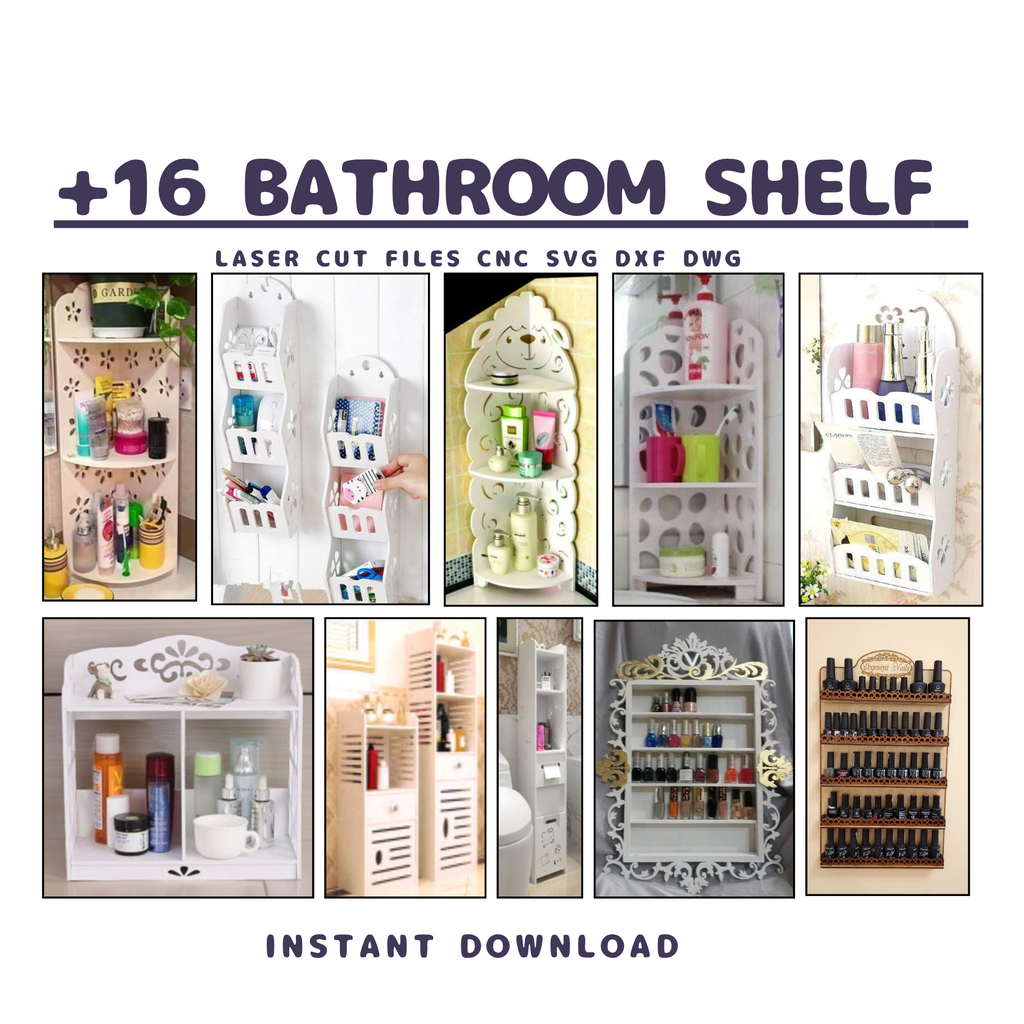 16 Bathroom Shelf CNC Files | Laser Cut Storage Rack (svg, dxf, dwg)