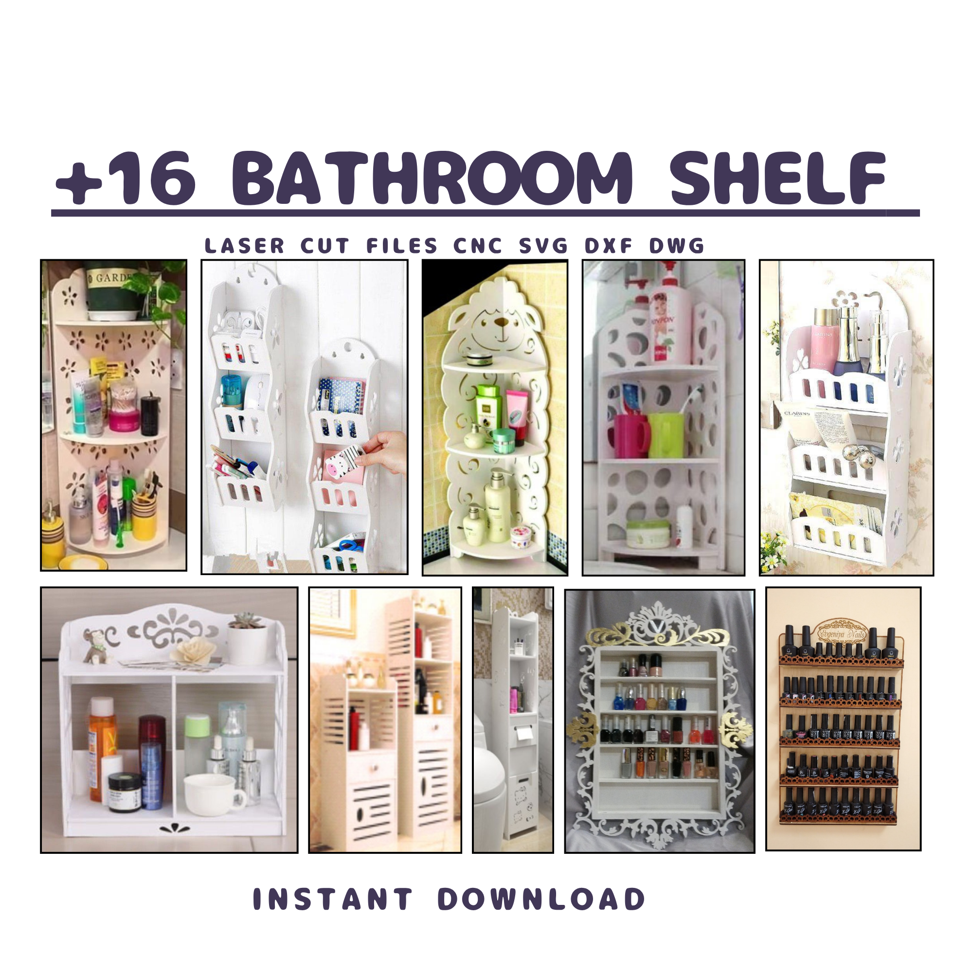 16 Bathroom Shelf CNC Files | Laser Cut Storage Rack (svg, dxf, dwg)
