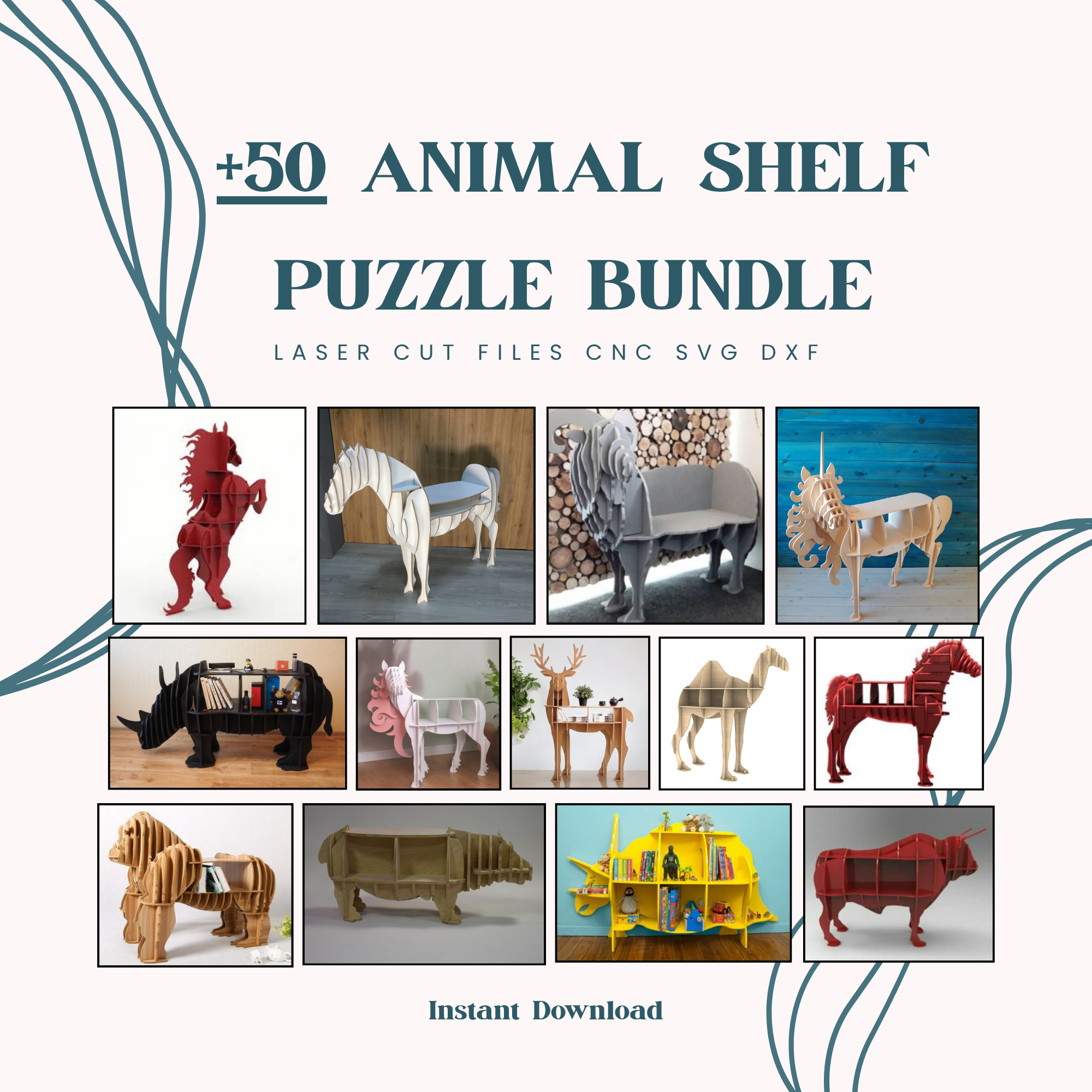 50 Animal Shelf Puzzle SVG Files | Laser Cut CNC Wooden Shelves (Digital Download)