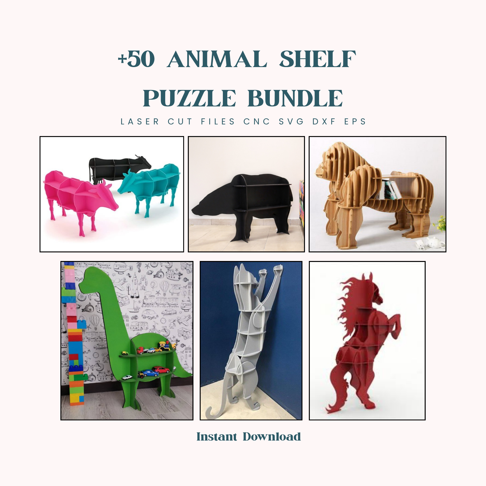 50 Animal Shelf Puzzle SVG Files | Laser Cut CNC Wooden Shelves (Digital Download)