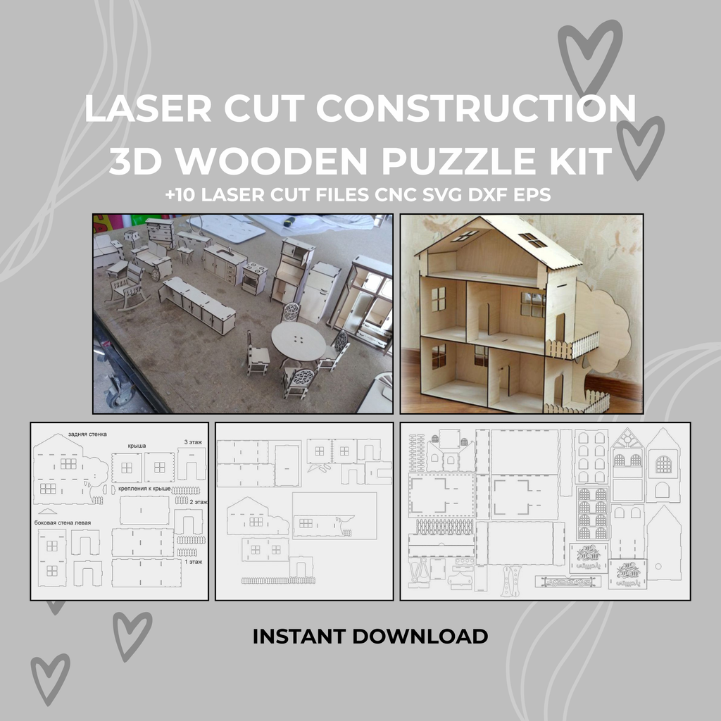 10 Dollhouse Laser Cut Files | 3D Wooden Puzzle Kit (SVG, DXF, EPS)