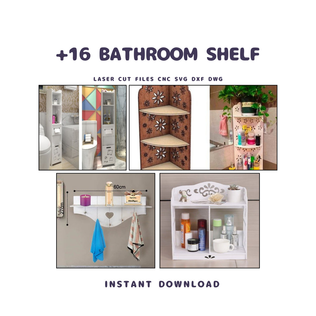 16 Bathroom Shelf CNC Files | Laser Cut Storage Rack (svg, dxf, dwg)
