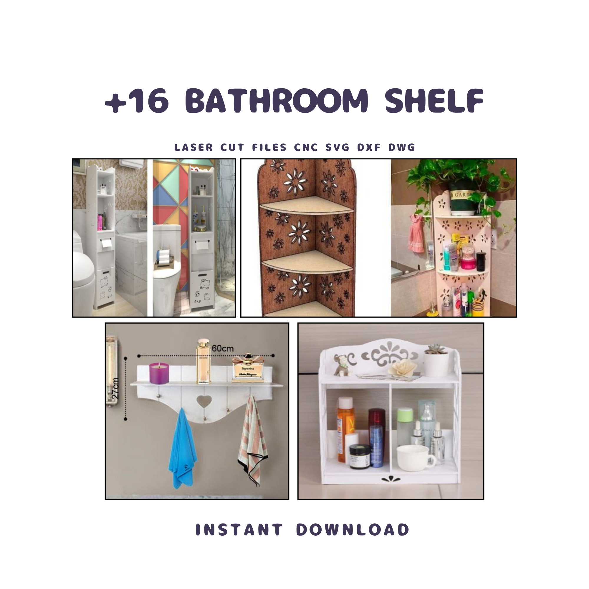 16 Bathroom Shelf CNC Files | Laser Cut Storage Rack (svg, dxf, dwg)