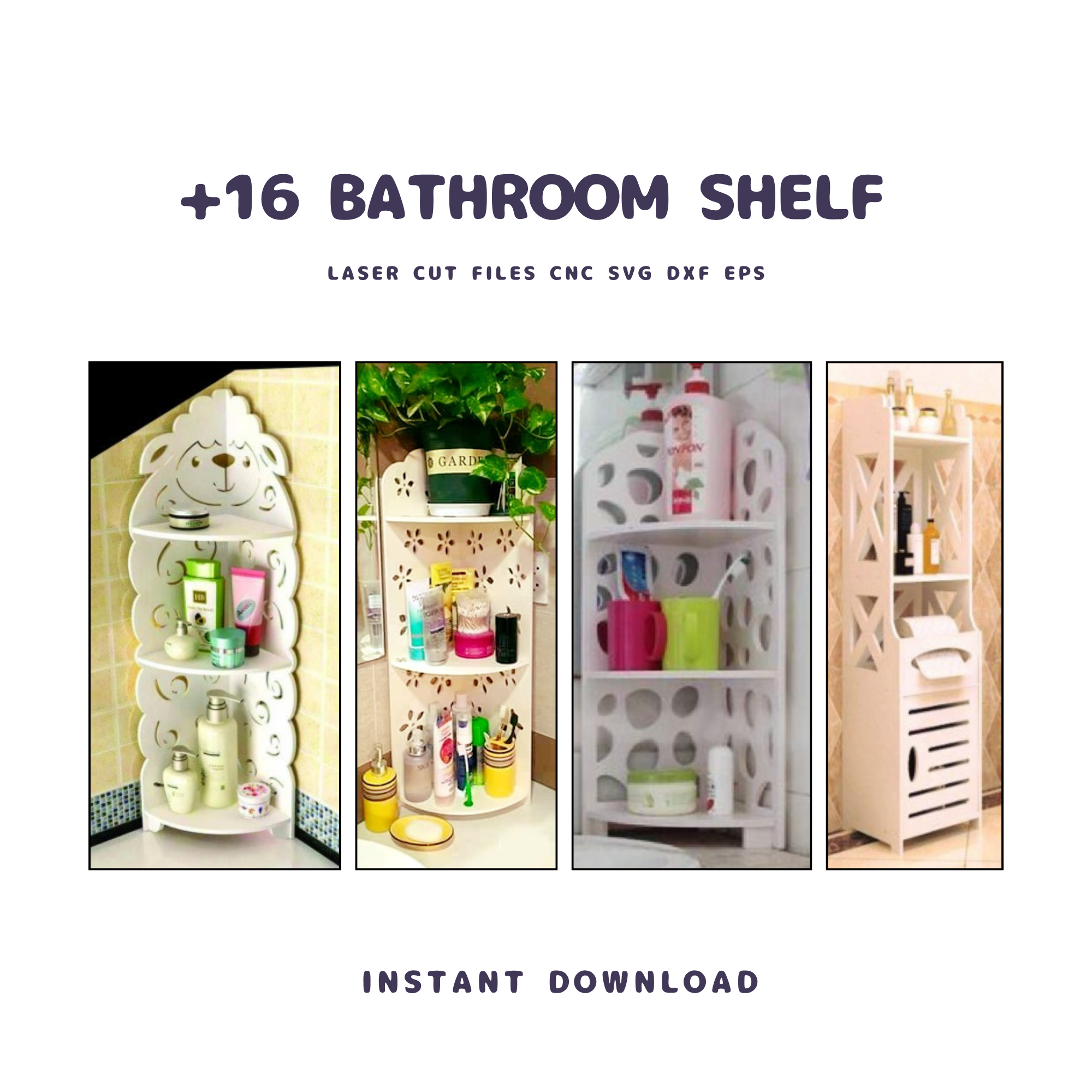 16 Bathroom Shelf CNC Files | Laser Cut Storage Rack (svg, dxf, dwg)