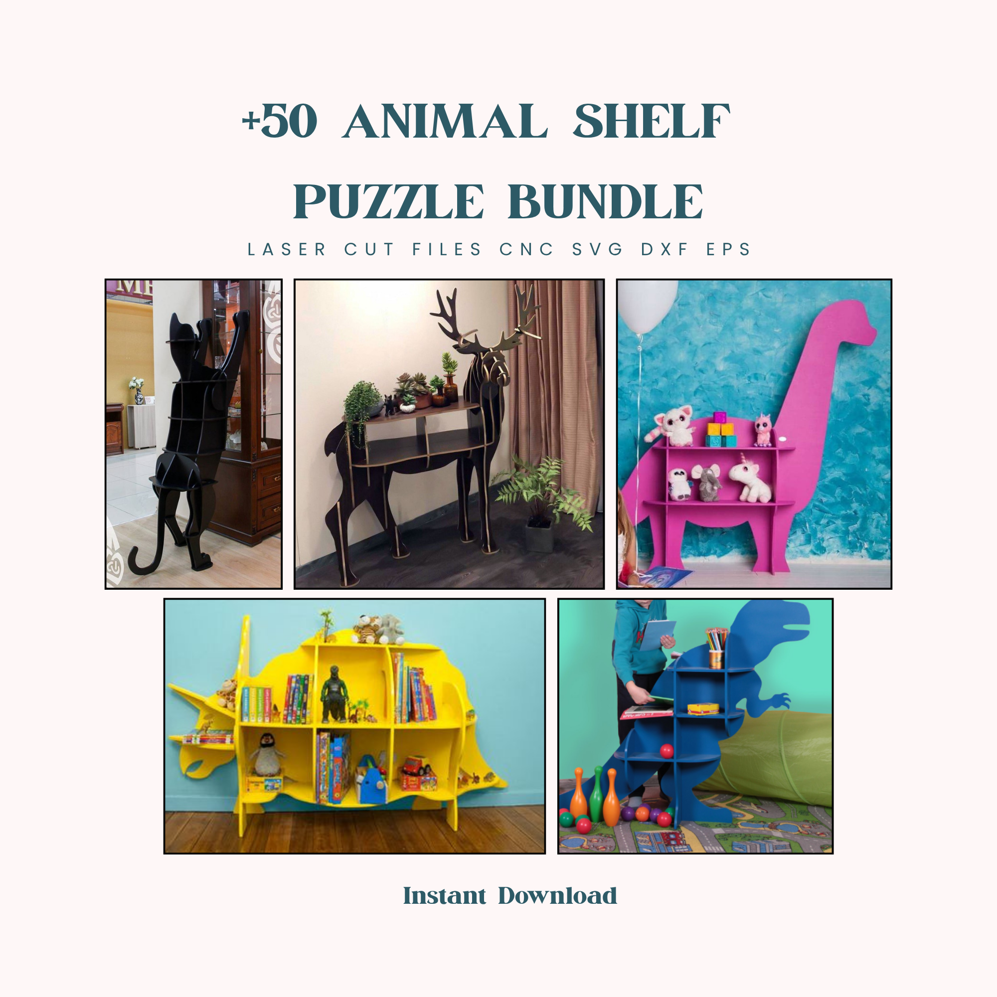 50 Animal Shelf Puzzle SVG Files | Laser Cut CNC Wooden Shelves (Digital Download)