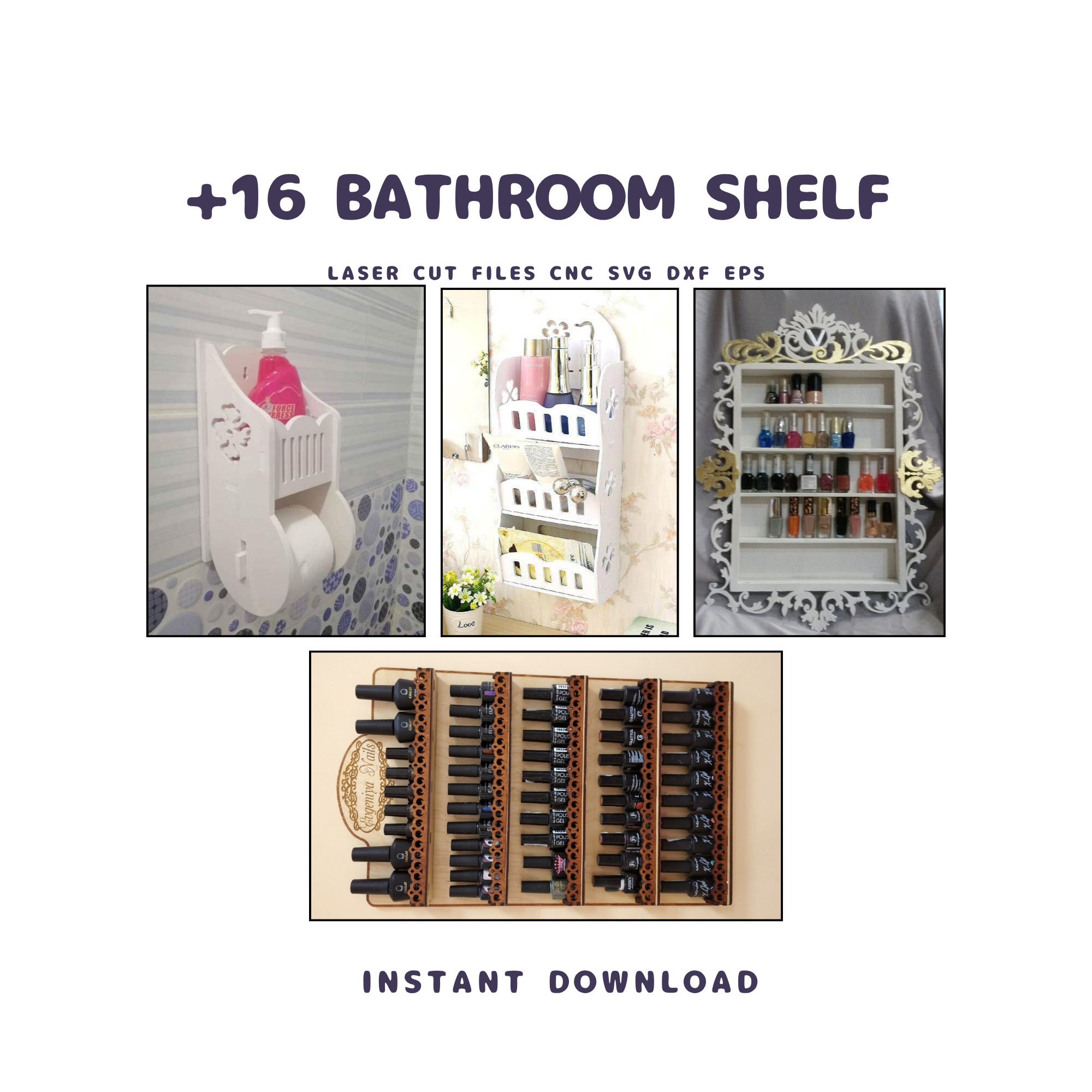 16 Bathroom Shelf CNC Files | Laser Cut Storage Rack (svg, dxf, dwg)